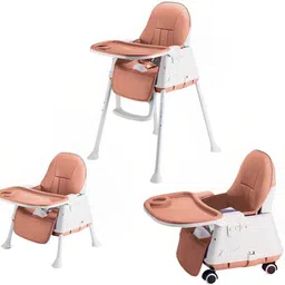 High Chair for Baby Kids, Safety Toddler Feeding Booster Seat Dining Table Chair with Wheel (Brown)-image-78