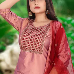 naveerafashion Women Art Silk Kurti Pant Dupatta Set-picture-31