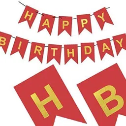 acome Solid Happy Birthday Red Theme Combo Pack I Party Decor I - Pack of 45 (1 pc Red Bunting Banner + 30 Latex Balloons + 2 Fringe Curtains Golden Balloon image 2