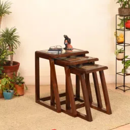 mudramark from pepperfry Honey-I Nest of Tables (Set of 3) in Teakwood with Walnut Matte Finish image 1