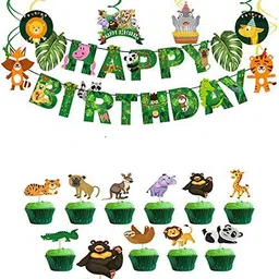 zyozi Jungle Safari Happy Birthday Decoration Kids,Animal Birthday Party Decoration Banner with Cup Cake Topper and Jungle Swirls for Boy Birthday 1st 2nd 3rd 16th 18th 21st (Pack of 17)-picture-39