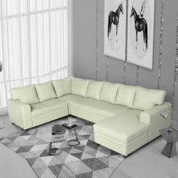 woodsworth from pepperfry Daffodil Leatherette Corner Sofa in Cream Colour in C Shape-picture-28