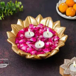 Golden Beautiful Decorative Lotus Urli Bowl for Home Decor|Urli Set for Decoration Floating Flowers Tea Light Candle Holder|Diwali Decoration Items Gifts for Family and Friends-image-44