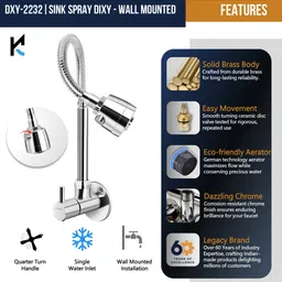 kamal Sink Spray Dixy - Wall Mounted | Heavy Brass Body & Knob | SS304 Rust Resistant Flexible Spout | Dual Flow Sink Tap Faucet image 3