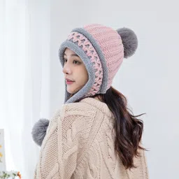 highever Cute warm soft fur inside with earflap three pom-pom knitted women winter cap Woven Beanie image 3