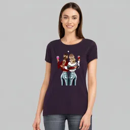 choqu Women Printed Round Neck Cotton Blend Purple T-Shirt-picture-40