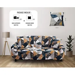 TONY STARK White & Navy Blue 1 Seater Geometric Printed Sofa Cover With Arms image 4