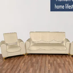 Sparrow world 6 Pcs Beige Quilted Velvet 5-Seater Sofa Cover With Arms image 2