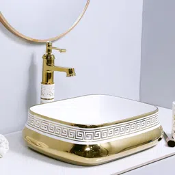 seikoware Ceramic Tabletop Wash Basin - Golden Living Room, Dining Area & Hotel | Premium Counter Washbasin | 16x13x5 Inch IW Counter Top image 3