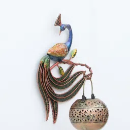 decorum Peacock Hook Jali Pot Multicolour Metal Wall Tea Light Holder image 4