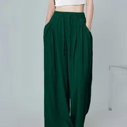 Women Regular Fit Green Polycotton Trousers-image-48