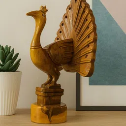 rural bird Wooden Peacock Showpiece | 21 CM Handmade Decorative Figurine Decorative Showpiece - 21 cm image 2