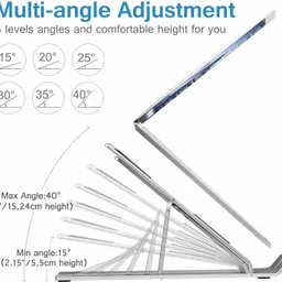 fabmania Adjustable Aluminum Portable Laptop Rack Stand for Upto 17" laptops, Tablets, Mobiles, Books with Pouch (Silver) Aluminium Floor and Desk Stand Laptop Stand with Adjustable Height Compatible with Universal Laptops image 4