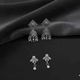 riavi collections AmericanDiamond AD look Silver Tops and Grey Finish Square Jhumka (Combo) Beads Alloy Jhumki Earring, Earring Set-picture-47