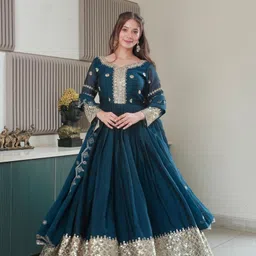 om creation Embroidered Georgette Stitched Anarkali Gown image 4