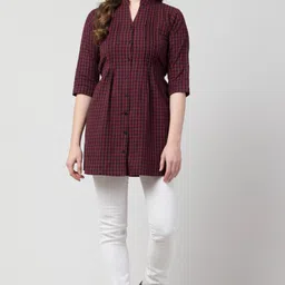 hive91 Casual Regular Sleeves Checkered Women Maroon Top image 5