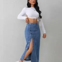 floora Women Solid Pencil Blue Skirt image 5