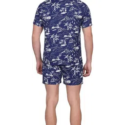 clothink india Men's Blue Beach Print Cotton Summer Night Wear/Homewear & Lounge Wear Shirt with Shorts Set image 2