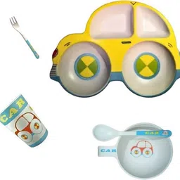 Pack of 5 Plastic Zikku Yellow Car-Shaped Kids Dinnerware Set | Plate, Bowl, Cup, Spoon | BPA-Free Dinner Set-picture-10