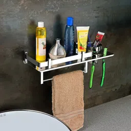 antik Stainless Steel 3 in 1 Multipurpose Bathroom Shelf/Rack/Towel Hanger/Tumbler Holder/Bathroom Accessories (15 x 6 Inches) - Pack of 1 Steel Wall Shelf image 3