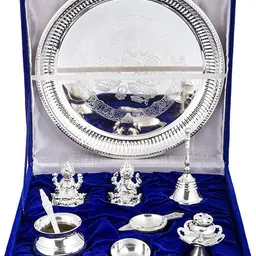 delhi gift house Silver Laxmi Ganesh Idol/Murti, 6 Peices Pooja set in Red Velvet Box Brass, Polyresin, Silver image 3