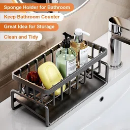 omkrush Dish Drainer Kitchen Rack Kitchen Sink Organizer Rack – Sponge Holder with Drain Tray & Towel Bar Cast Iron image 4