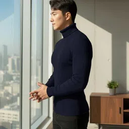 fashlook Men Solid High Neck Dark Blue Sweater image 3
