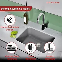Carysil Quartz Q-320 Grande Single Bowl Sink, 24x18x8 in, Basalt Grey Q 320 Single Bowl Kitchen Sink, Real Stone Finish, 304 Stainless Steel Top Mount image 3