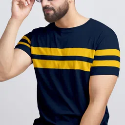 ausk Men Striped Round Neck Cotton Blend Blue, Yellow T-Shirt-picture-33