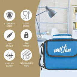 milton New Steel Combi Lunch Box, 3 Containers and 1 Tumbler with Jacket, Set of 4, Cyan 4 Containers Lunch Box image 2
