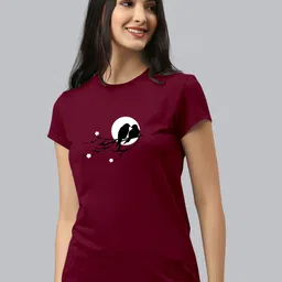 zentworld Women Printed Round Neck Cotton Blend Maroon, Beige T-Shirt image 2