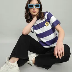 the dry state Women Printed Round Neck Pure Cotton Purple, White T-Shirt-picture-18