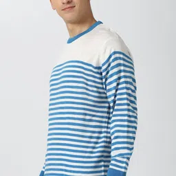 peter england university Men Woven Round Neck Blue, White Sweater image 4