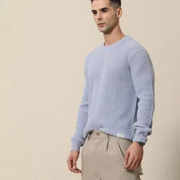 mr bowerbird Men Woven Round Neck Blue Sweater image 3