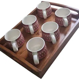 nohunt Pack of 7 Ceramic Ceramic Printed Tea Cup Set with Wooden Serving Tray 150ml Each Cups, Tea Cups image 5