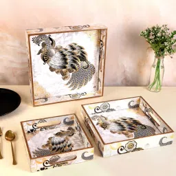 the home co. White, Grey & Gold MDF Wood Grey Peacock (Set of 3) Serving Tray image 2