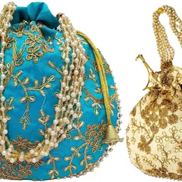 athizay Women Blue, White, Gold Potli-picture-44