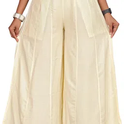 anti wrinkle designer Women Flared Cream Viscose Rayon Trousers-picture-32