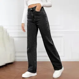 sh.kbh Women Straight Fit Mid Rise Black Jeans image 3