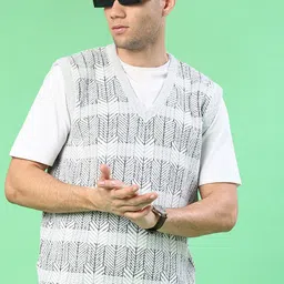 v-mart Men Self Design V Neck Grey Sweater-picture-20