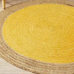Yellow Geometric Jute 5 ft x 5 ft Hand Woven Carpet by HabereIndia image 3
