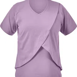 kikwit Women Solid V Neck Pure Cotton Purple T-Shirt-picture-12