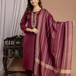 chafi collection Maroon Embroidered Kurta, Trouser/Pant & Dupatta Set image 3