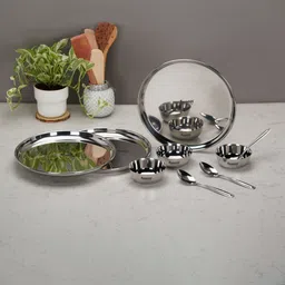 sumeet Pack of 9 Stainless Steel Stainless Steel Heavy Gauge Dinner set of 6 Pcs (2 Plate,2 Bowl,2 Spoon), Silver Dinner Set image 5