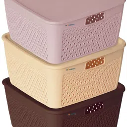 homestic Plastic Multipurpose Square Shape Plastic Storage Baskets With Lid Pack of 3 (Multi) Storage Basket-picture-13