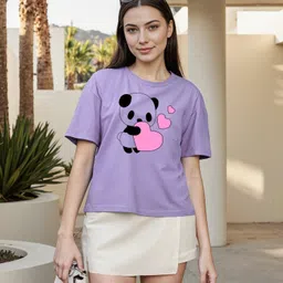 Women Graphic Print Round Neck Polyester Purple T-Shirt-image-93