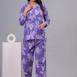 dammode Women Shirt & Pyjama set Purple, White Floral Print image 3