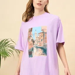 mast & harbour Women Printed Round Neck Cotton Blend Purple T-Shirt-picture-12