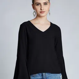 harpa Casual Bell Sleeves Solid Women Black Top-picture-26