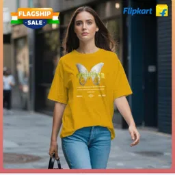 lwexs Women Graphic Print Round Neck Cotton Blend Yellow T-Shirt image 1